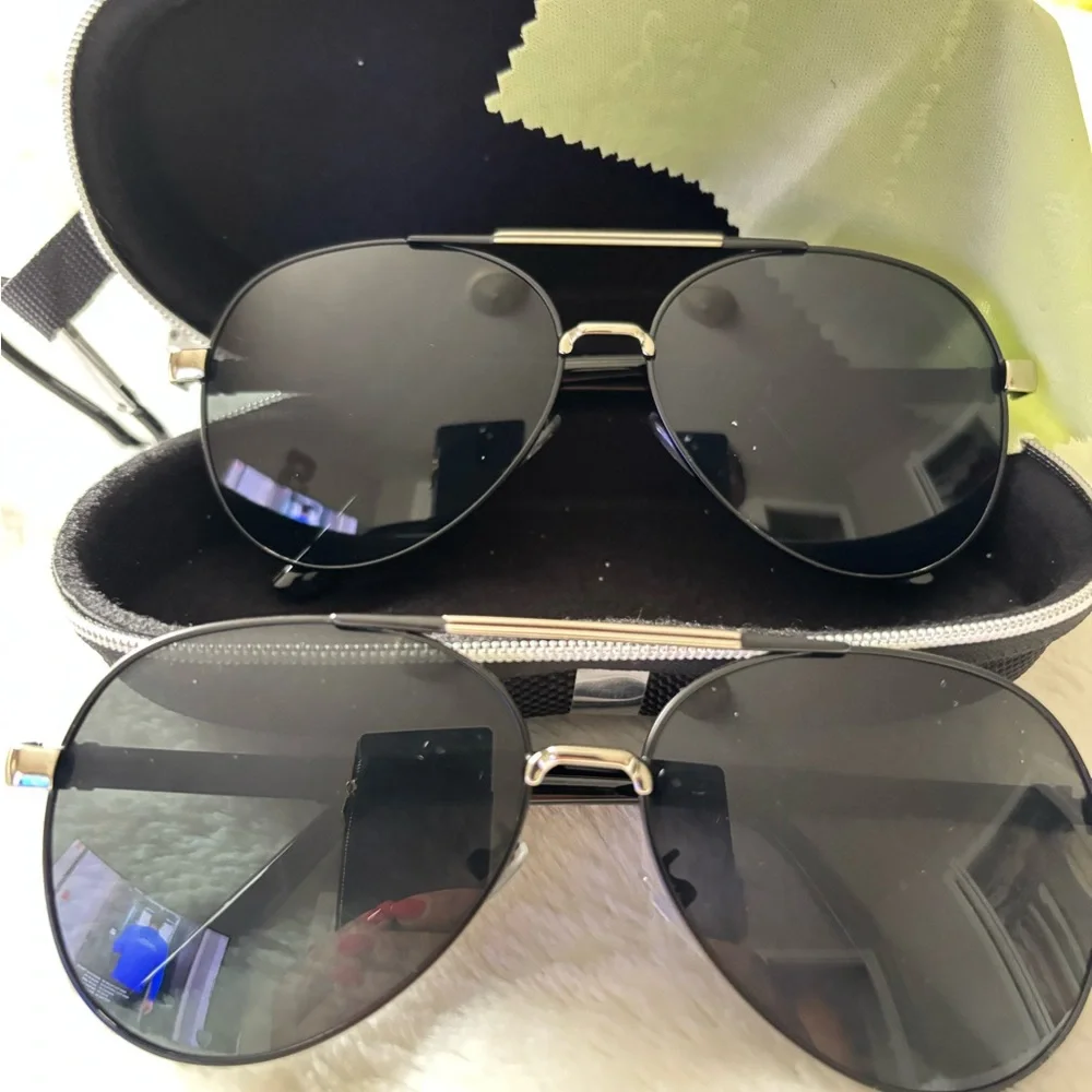 NWOT- Unisex 2pr Black with silver trim Aviator Sunglasses with case/wipe